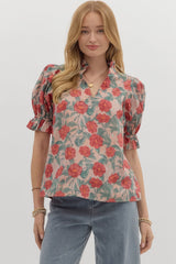 Floral Pattern Short Puff Sleeve Pleated Ruffle Top Vintage Rose