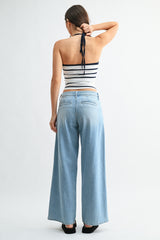 Mid Rise Lightweight Pleated Wide Leg Jeans Light Denim