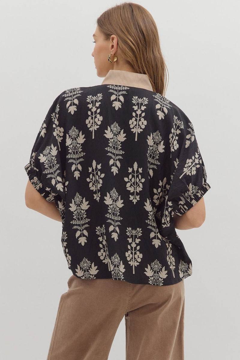 Abstract Botanical Contrast Accent Vneck Blouse Black