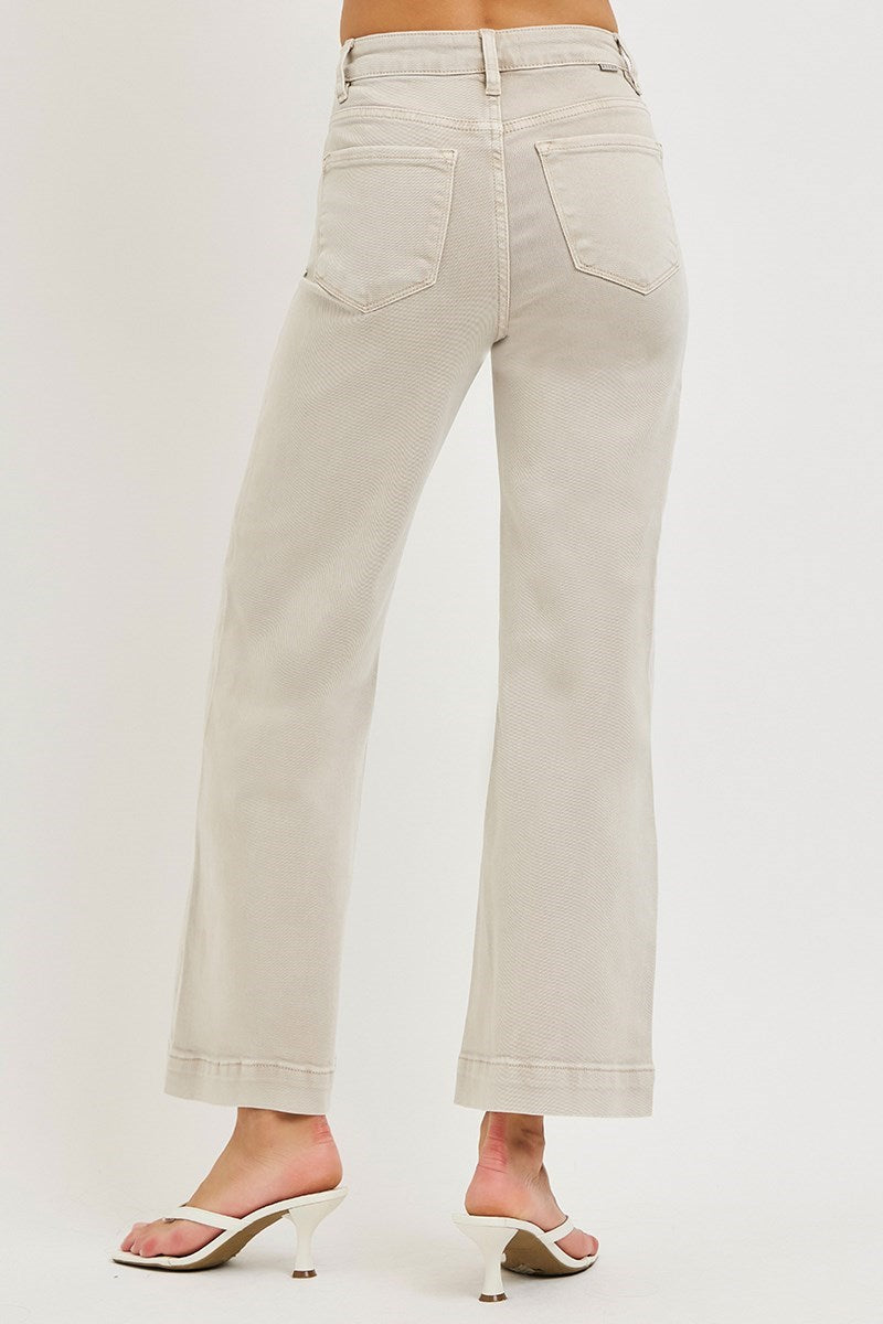 Tummy Control High Rise Crop Detail Wide Jeans Almond