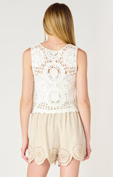 Button Front Crochet Vest Off White + Beige