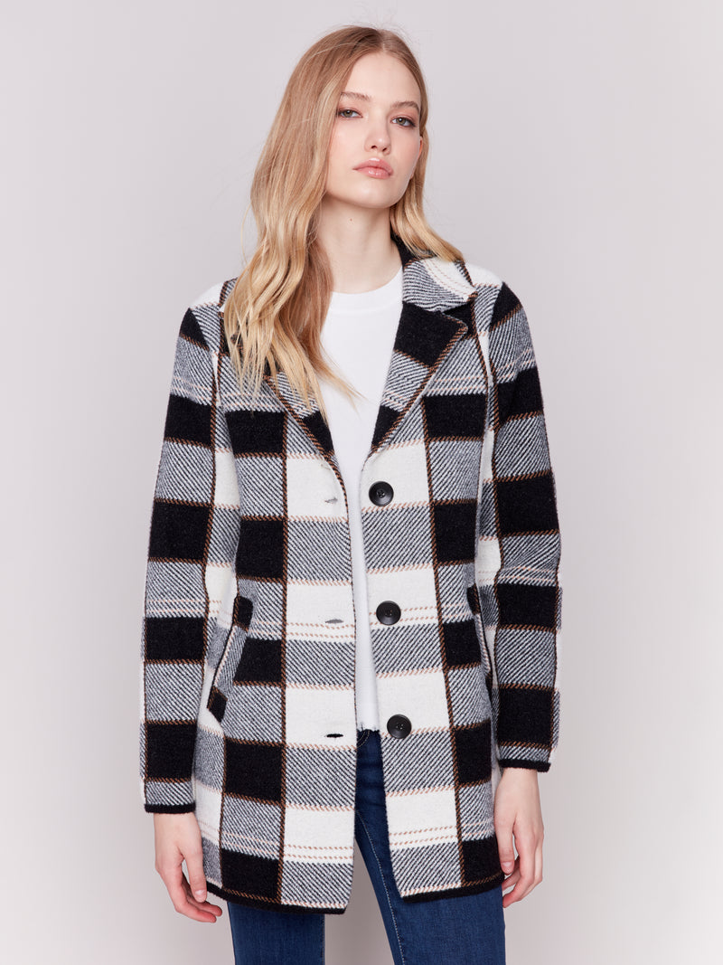 Knit Plaid Long Coat Truffle