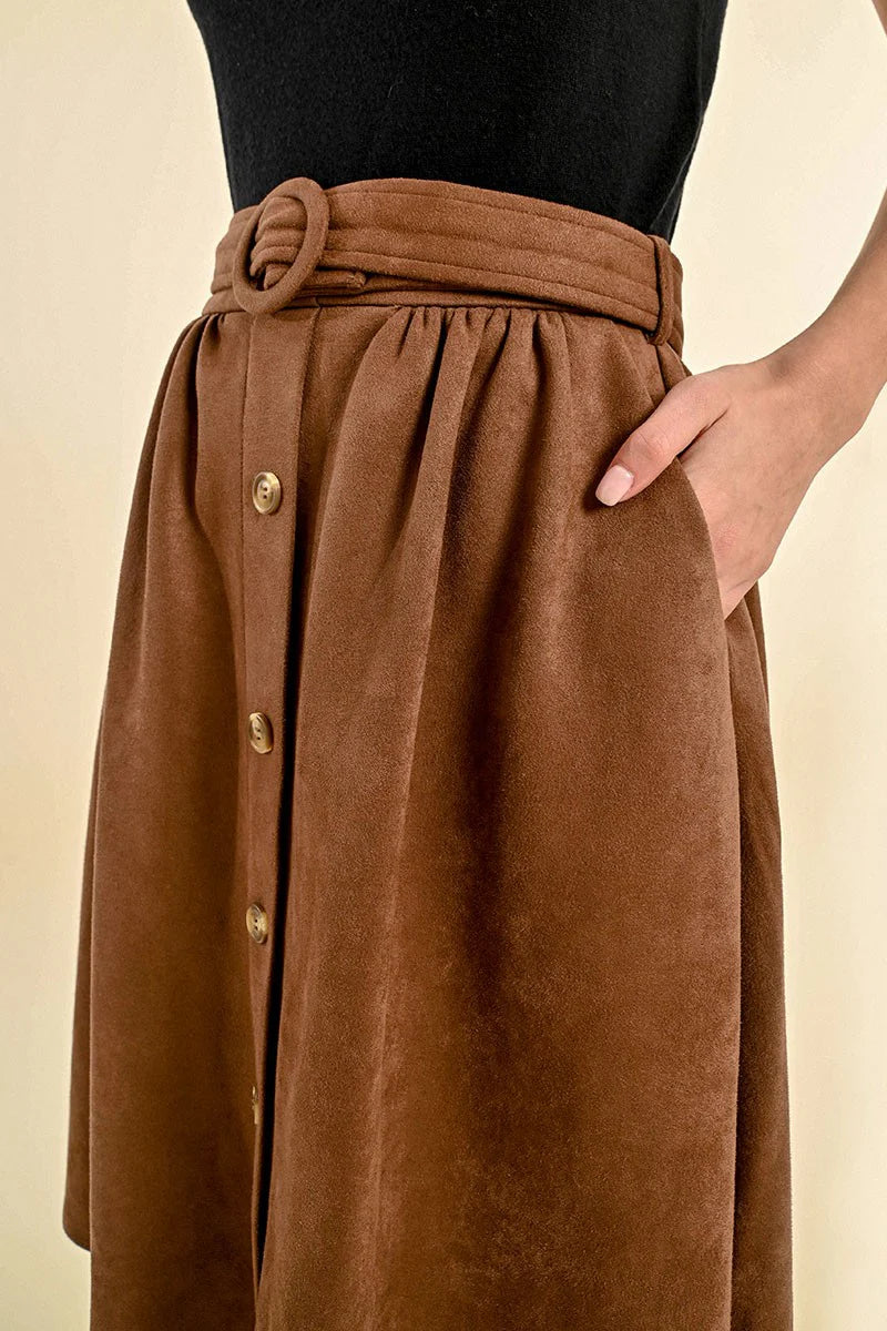 Suede Belted Button Detail Knee Length Skirt