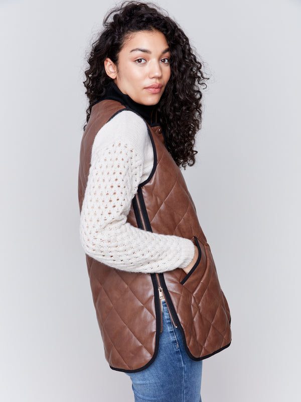 Long Quilted Leather Vest Cognac