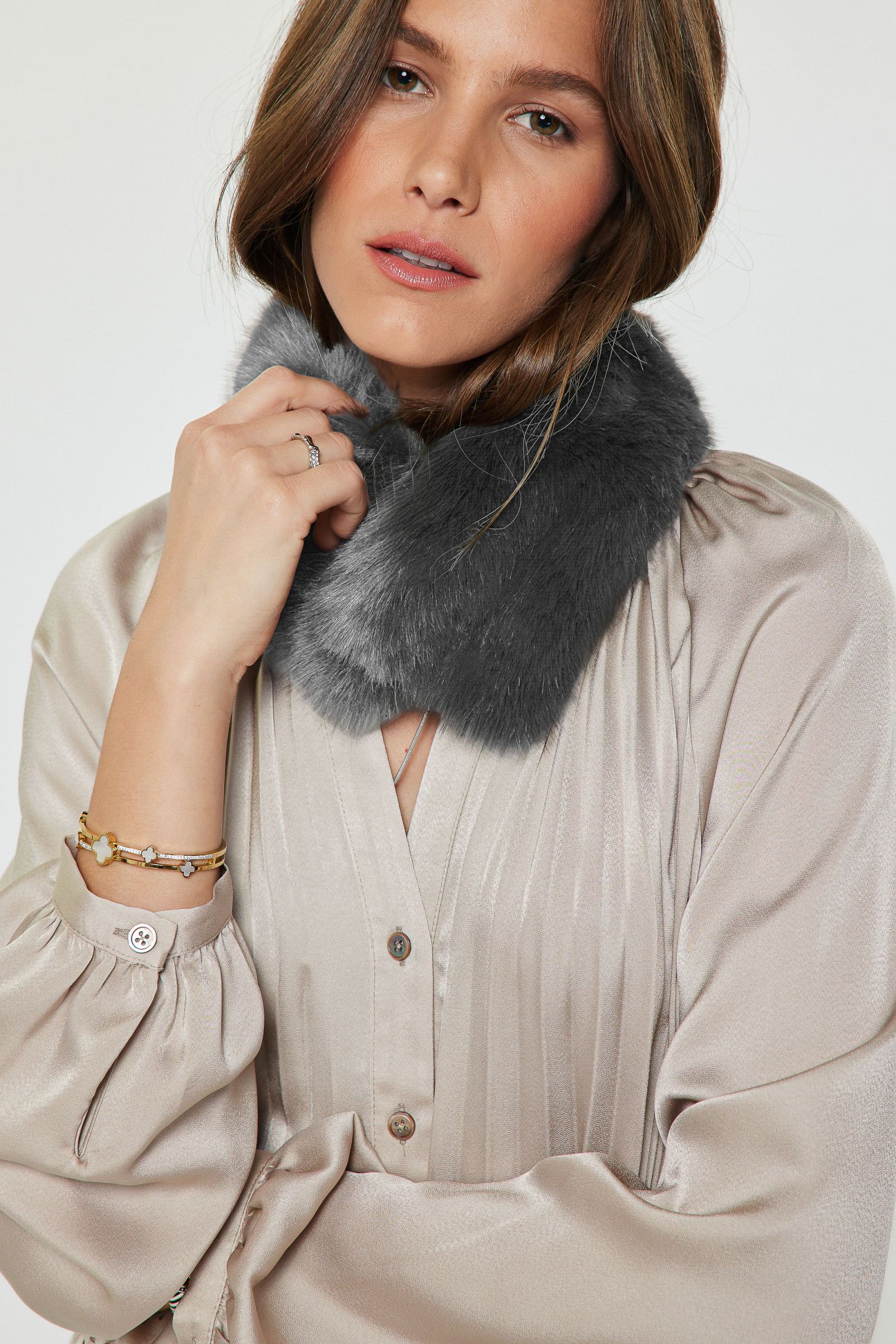 Short Fur Muffler Scarf Charcoal Grey