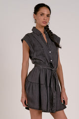 Belted Sleeveless Collared Button Down Dress Grey