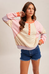 Colorblock Henley Sweatshirt Top Sand + Coral