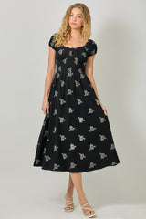 Tie Back Embroidered Double Gauze Bubble Sleeve Dress Black