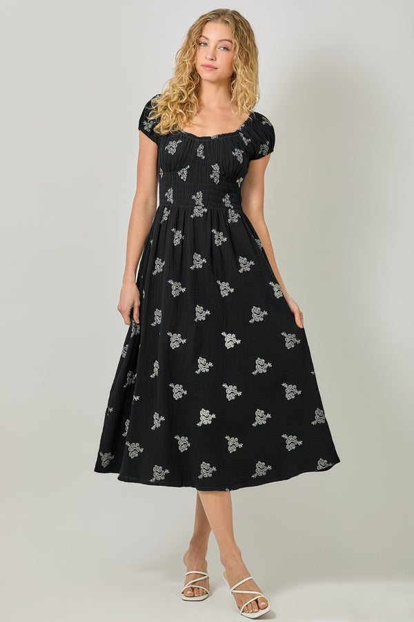 Tie Back Embroidered Double Gauze Bubble Sleeve Dress