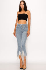Crystal Fringe Button Fly Denim Pants Denim