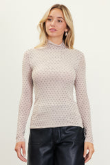 Crystal Mesh Mock Neck Top Light Beige