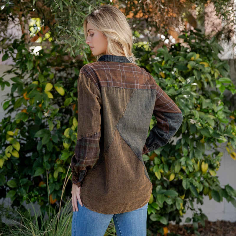 Boho Patch Medley Button Up Shirt Amber