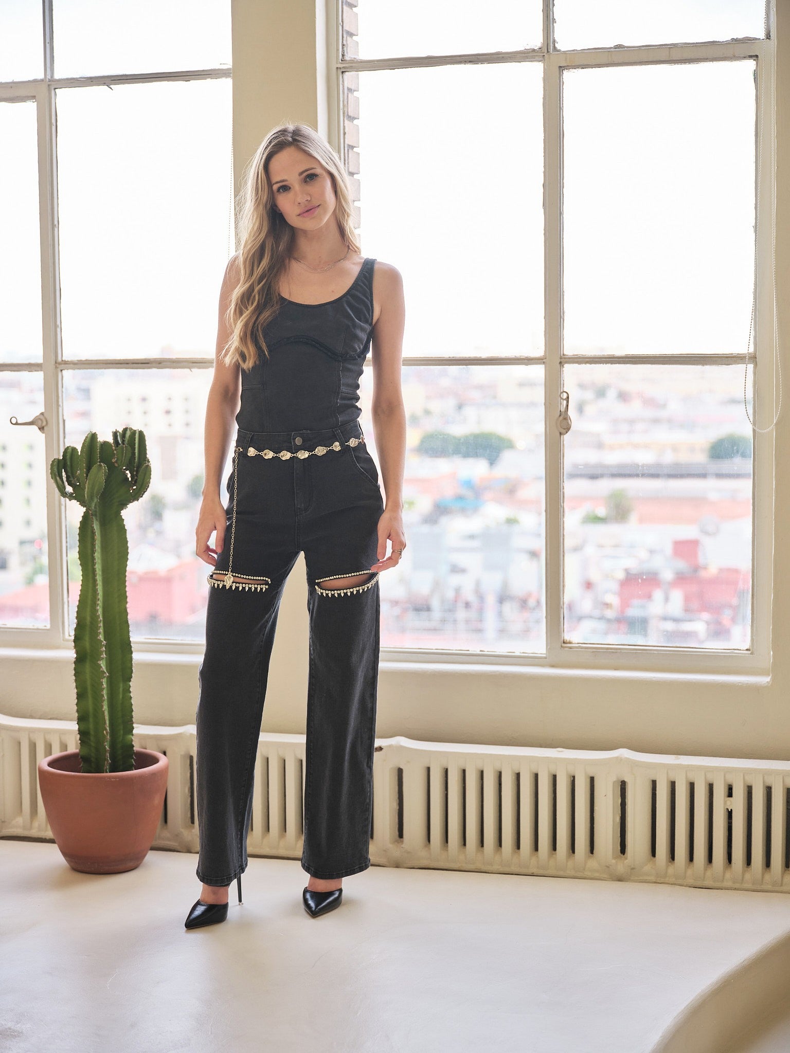 Cut Front Crystal Washed Denim Jeans Black