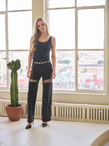 Cut Front Crystal Washed Denim Jeans Black