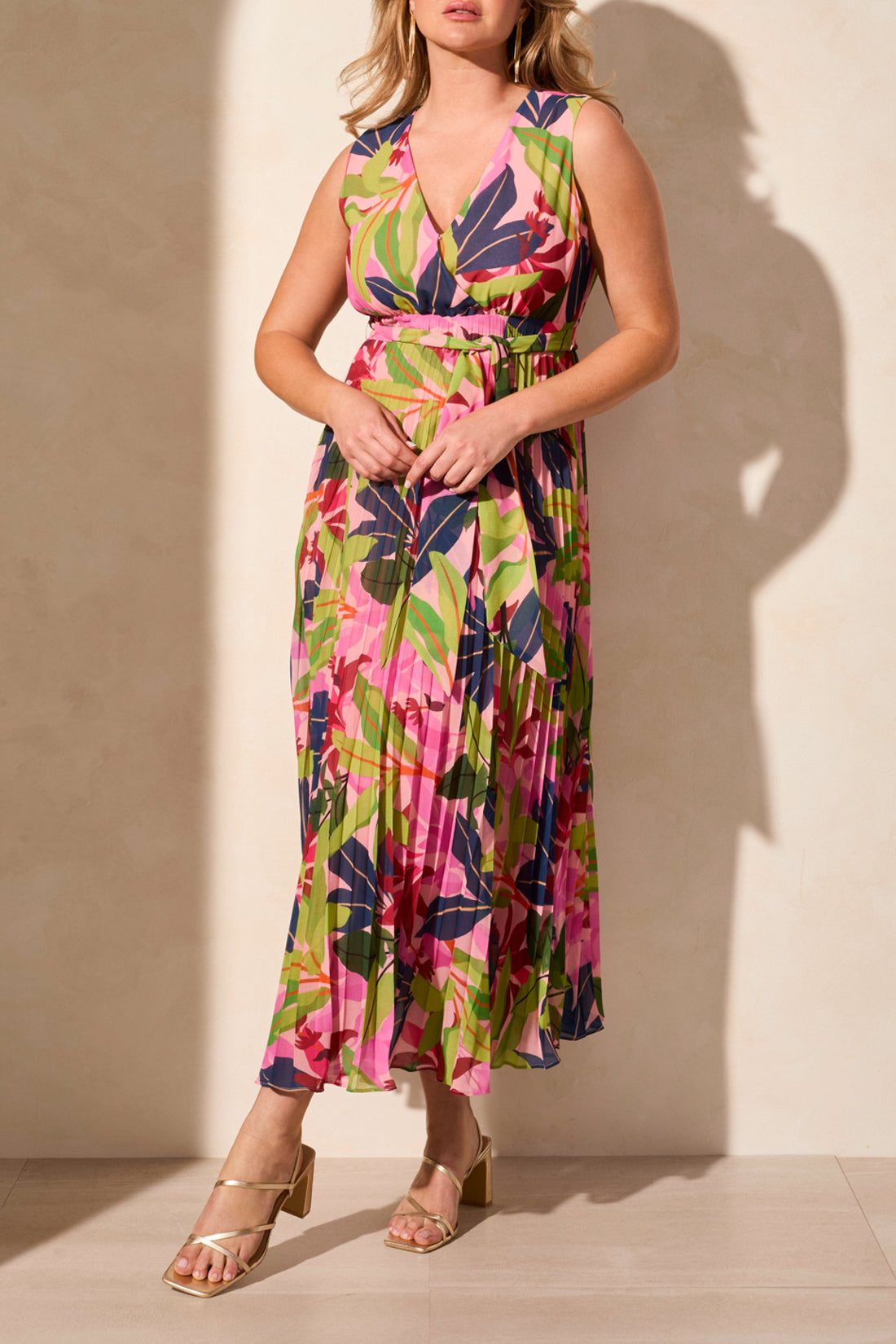 Sleeveless Tie Belt Plisse Skirt Maxi Dress Teaberry
