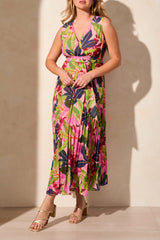 Sleeveless Tie Belt Plisse Skirt Maxi Dress Teaberry