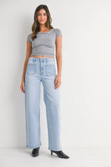 Mini Patch Pocket Wide Hem Flare Jeans Light Denim