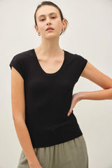 Ribbed Scoop Neck Cap Sleeve Modal Top Black