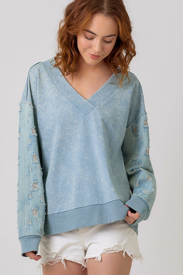 Denim Distressed Sleeve Mix Media Pullover