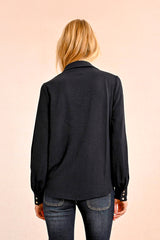 Crinkle Chiffon Collared Surplice Blouse Navy