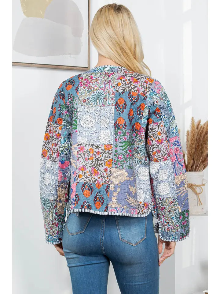 Nova Floral Quilted Patchwork Reversible Jacket Grey Combo