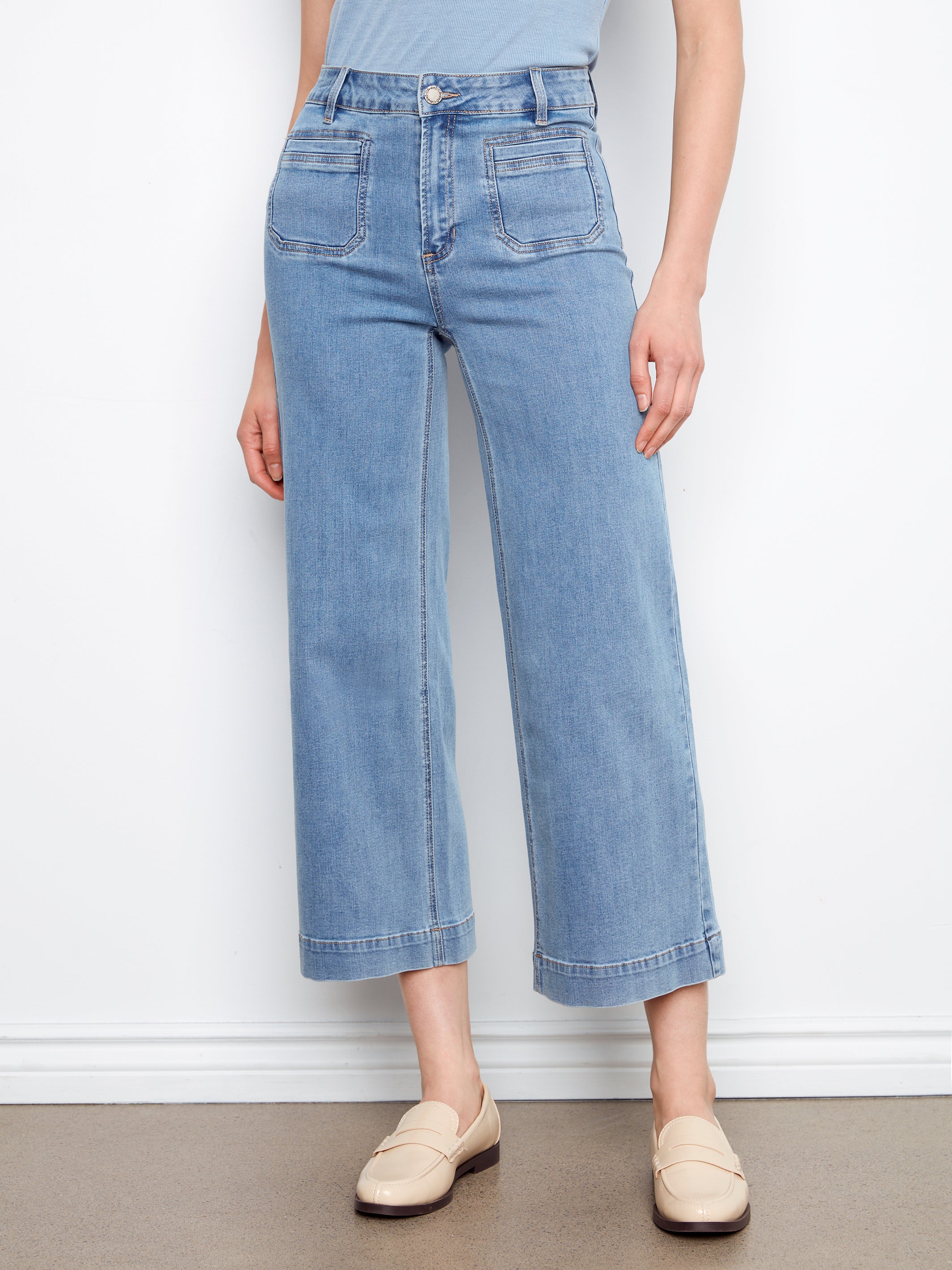 Patch Pocket Wide Leg Jeans Blue Jean