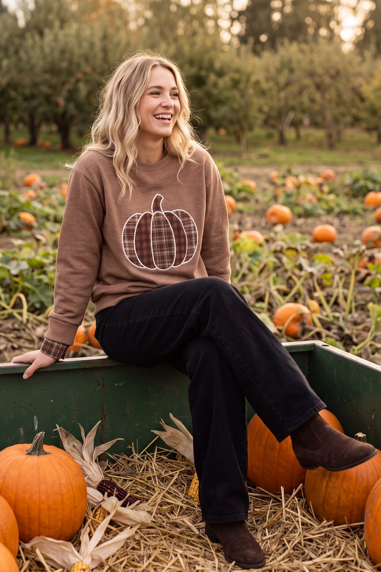 Patchwork Pumpkin Knit Long Sleeve Top Cinnamon