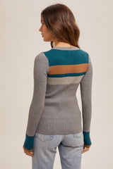 Colorblock Ribbed Sweater Henley Top Grey Teal