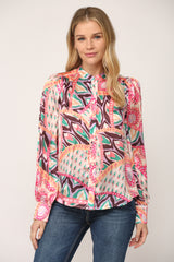 Mixed Abstract Feather Print Band Collar Shirt Peach + Pink