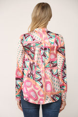 Mixed Abstract Feather Print Band Collar Shirt Peach + Pink