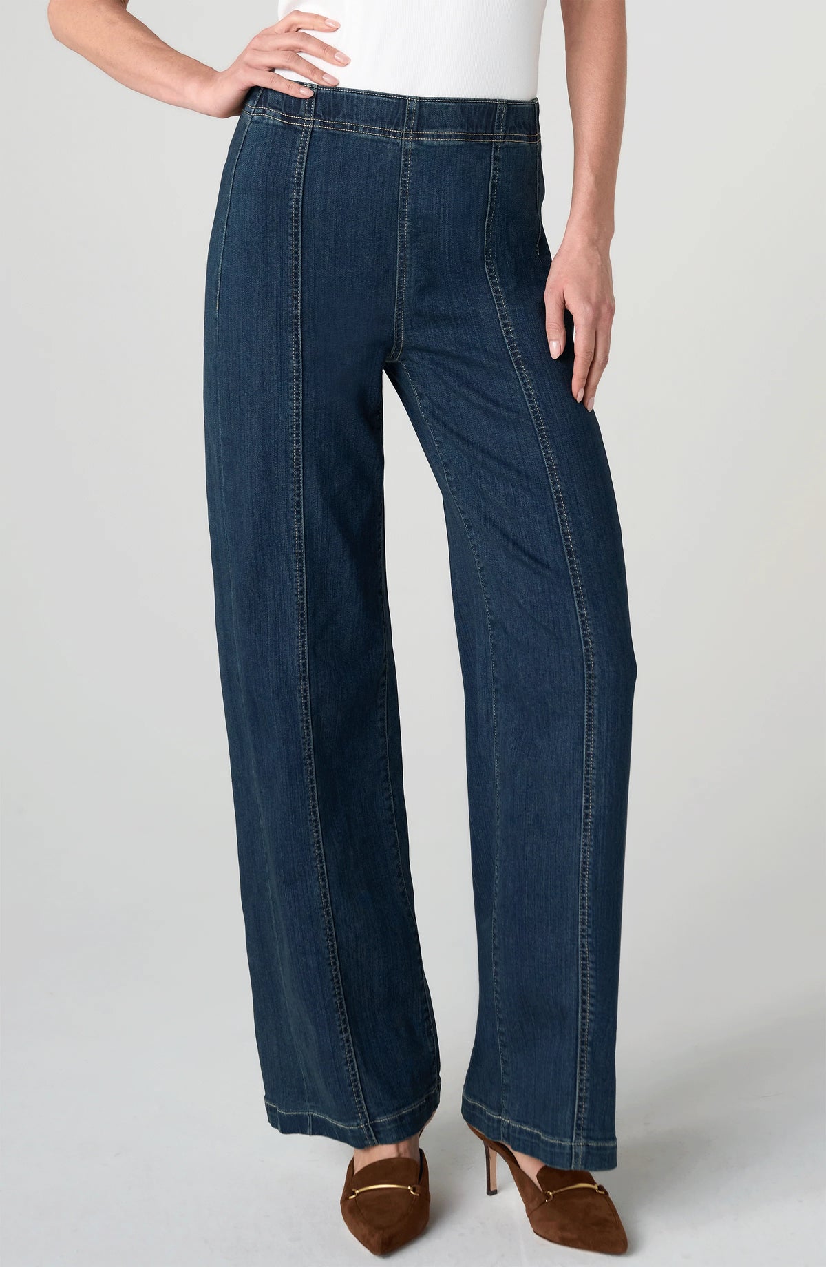 High Rise Seam Detail Pull On Wide Leg Jeans
