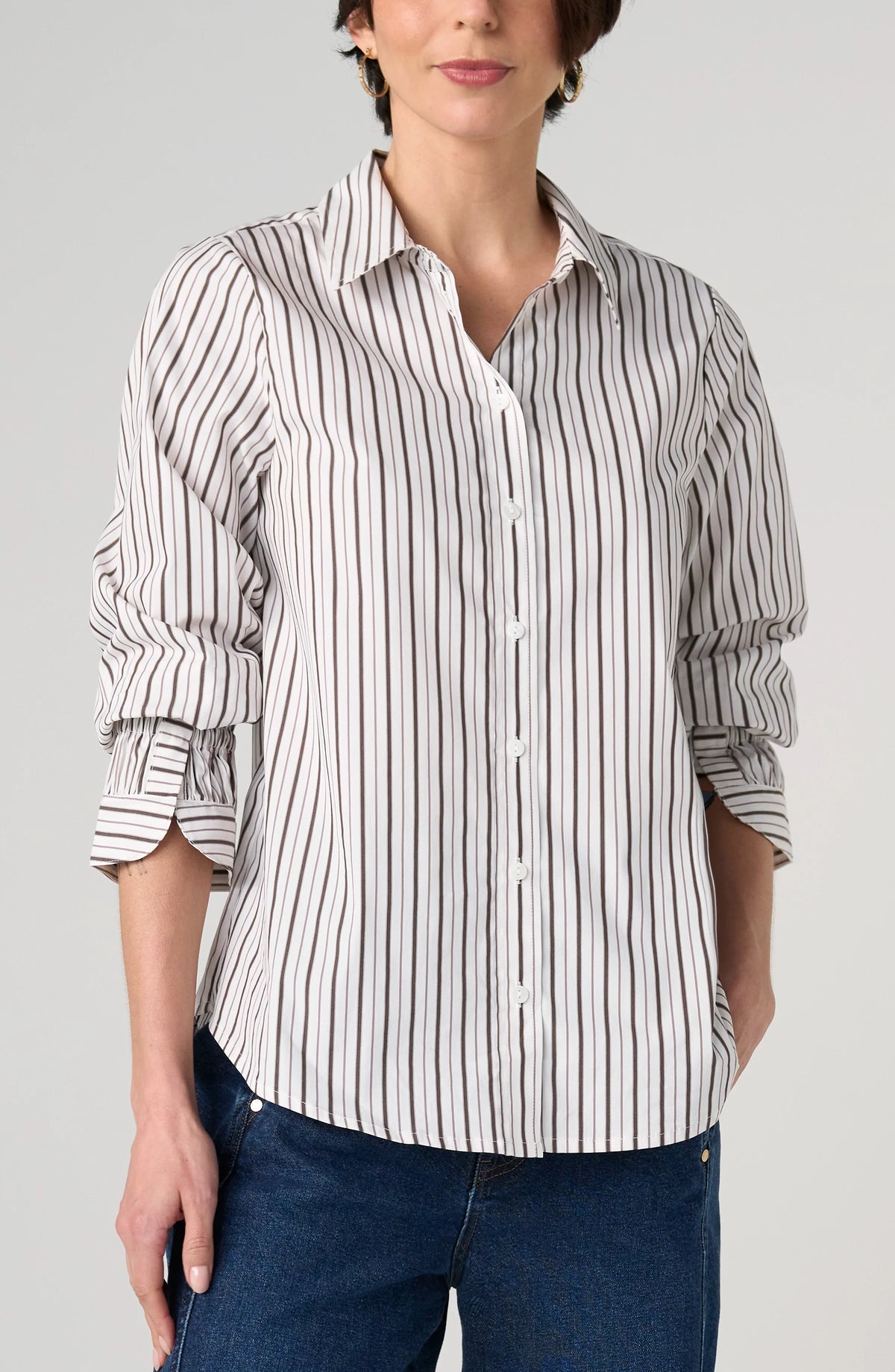 Adjustable Sleeve Button Down Shirt Cream Dark Espresso Stripe