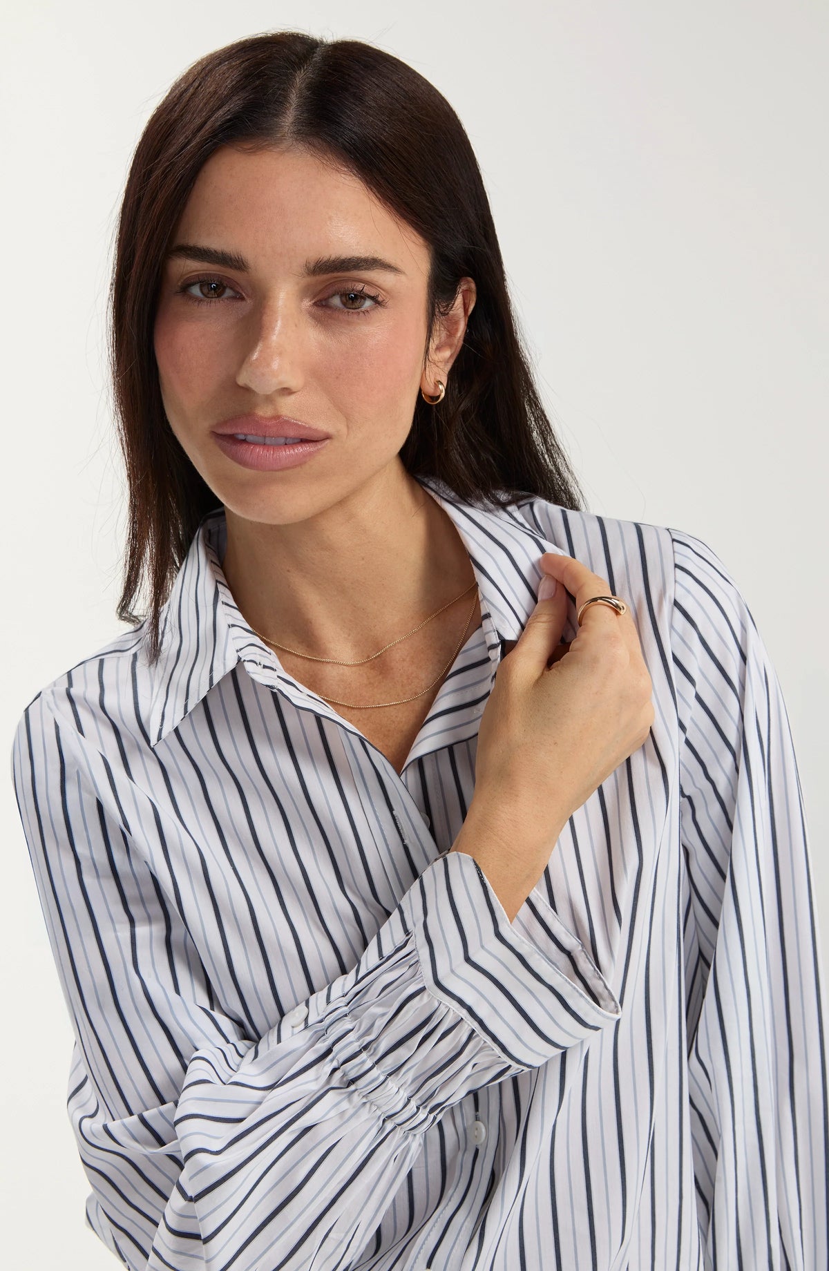 Adjustable Sleeve Button Down Shirt White Navy Multi Stripe