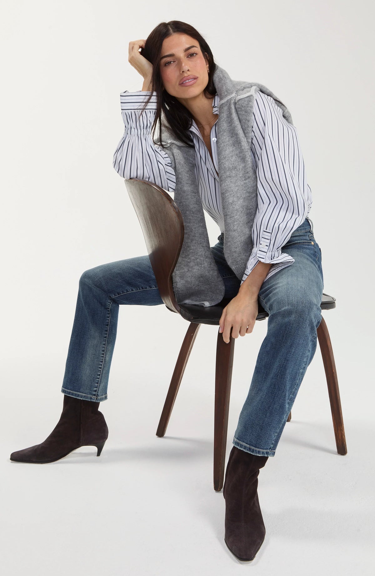 Adjustable Sleeve Button Down Shirt White Navy Multi Stripe