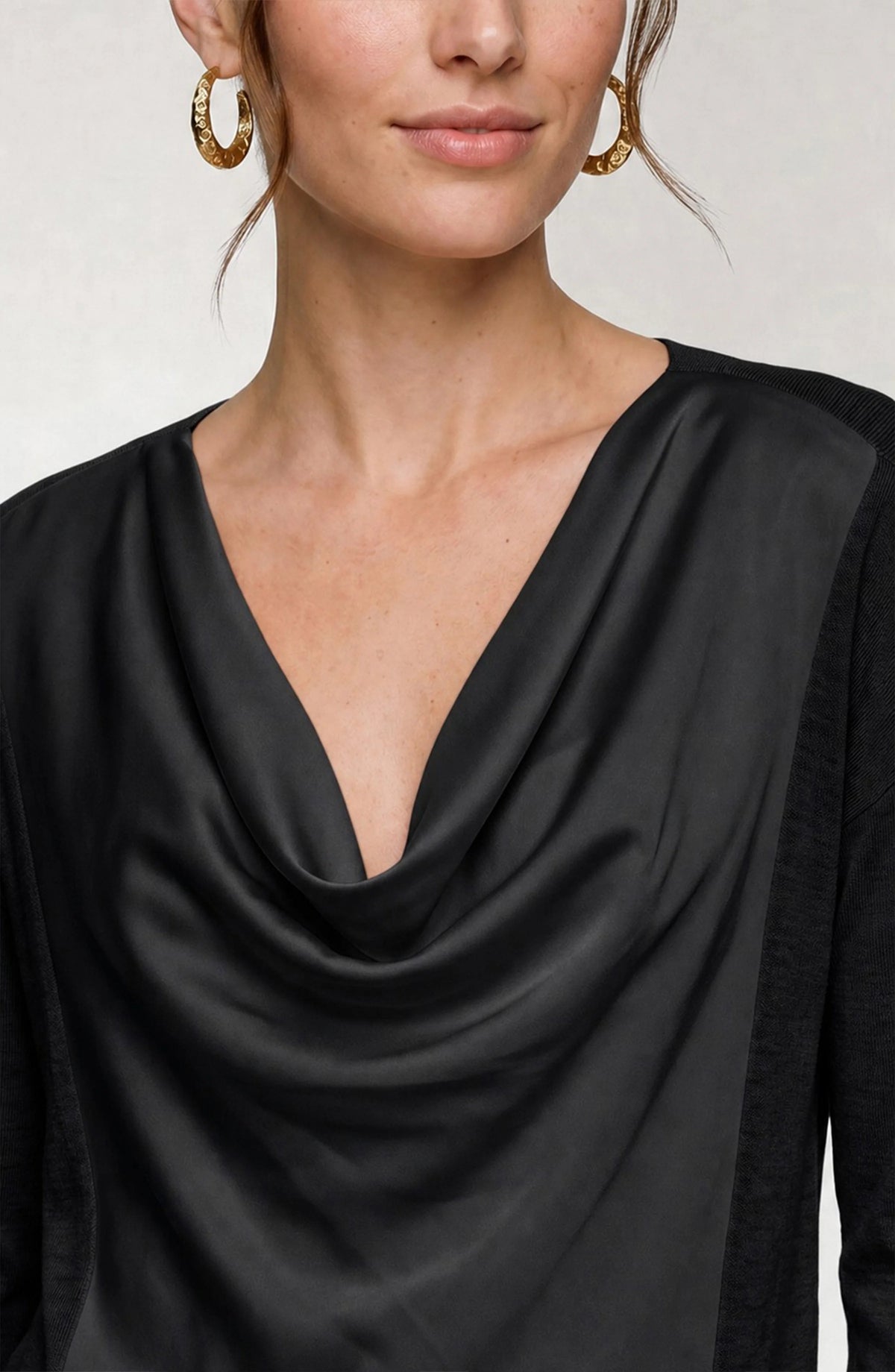 Long Sleeve Satin Drape Neck Woven Back Top