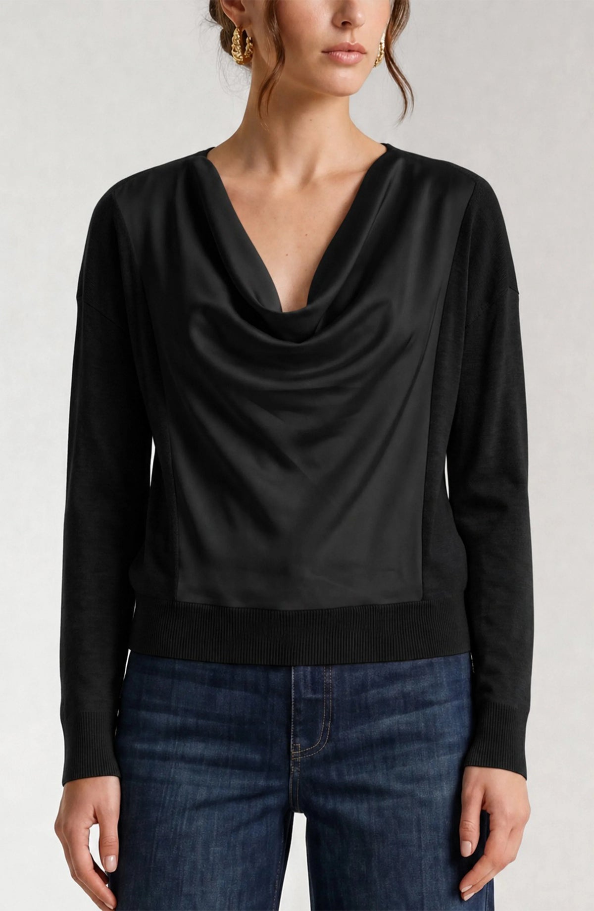 Long Sleeve Satin Drape Neck Woven Back Top
