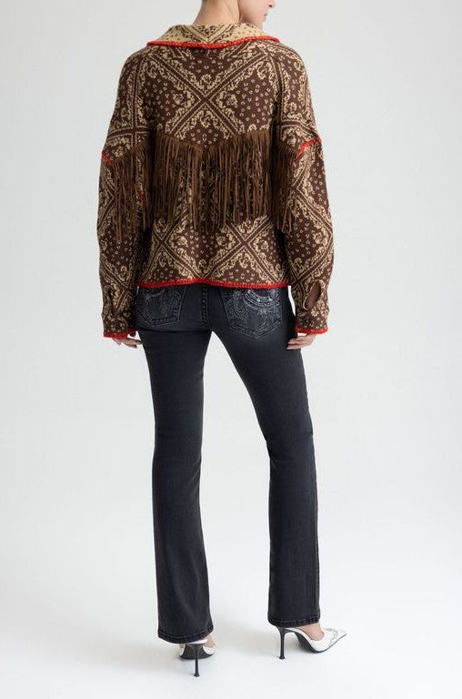 Contrast Stitch Paisley Print Sweater Cardigan