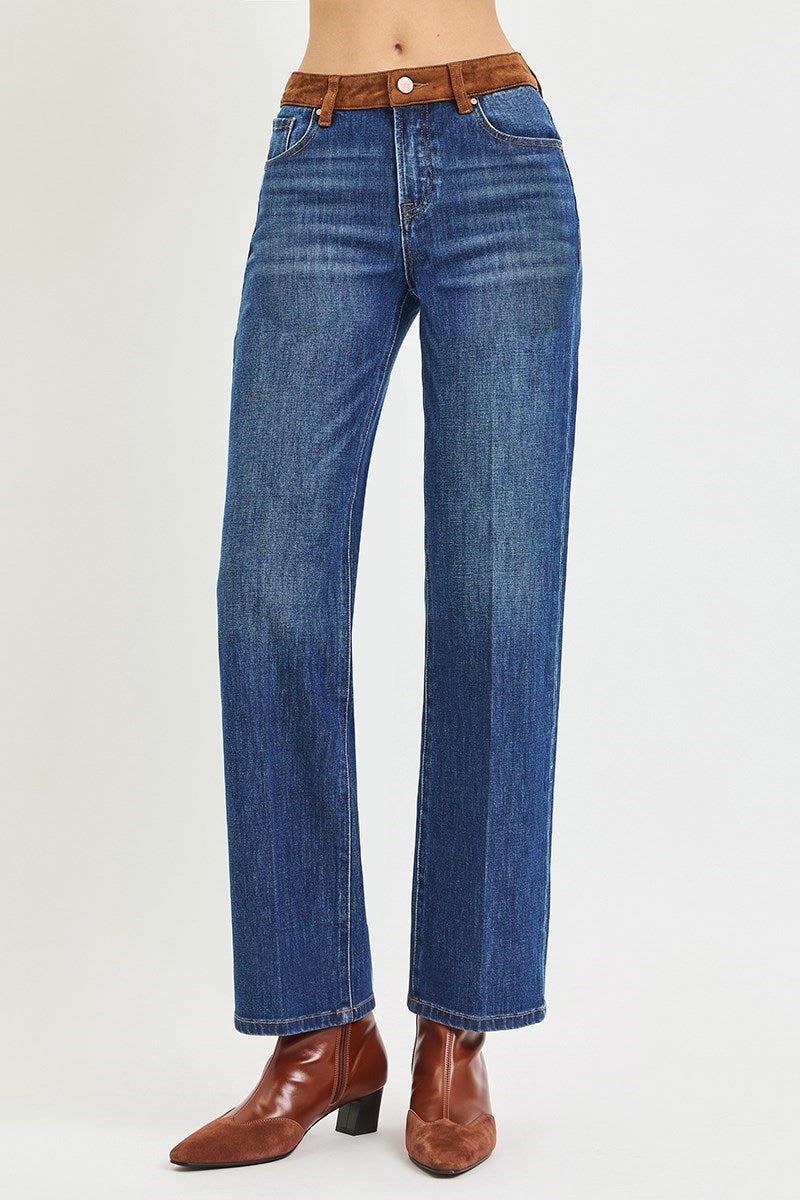 High Rise Straight Suede Waist Band Jeans - Dark Combo