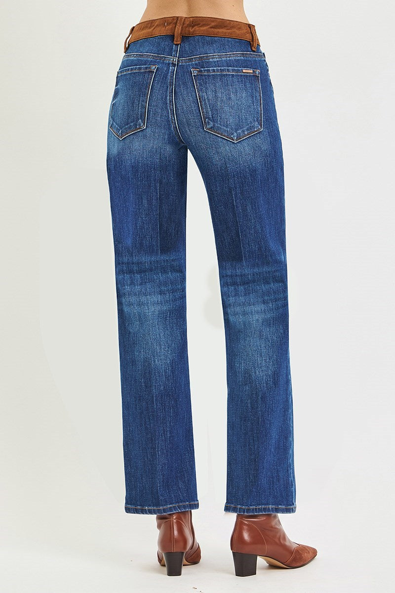 High Rise Straight Suede Waist Band Jeans - Dark Combo