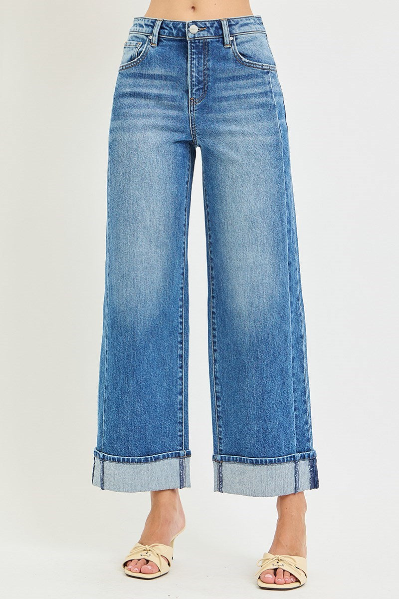 Seam Detail Cuffed Wide Leg Jeans