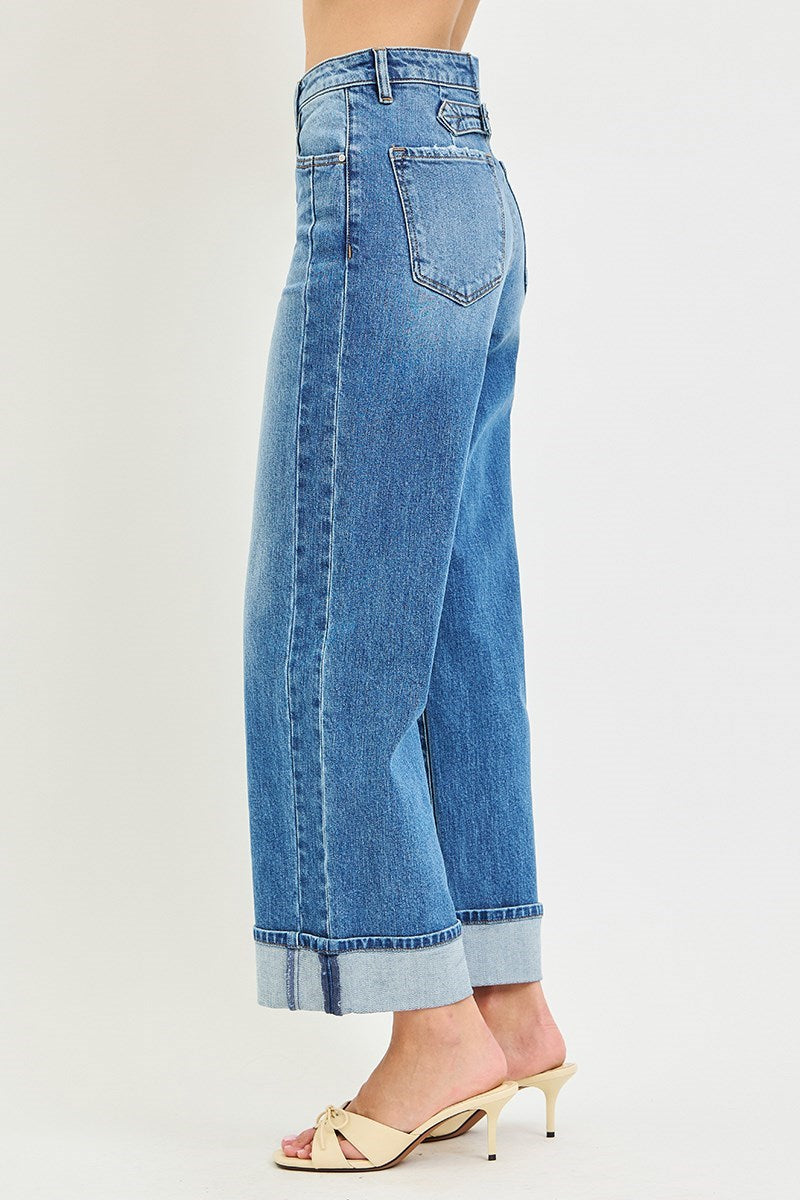 Seam Detail Cuffed Wide Leg Jeans