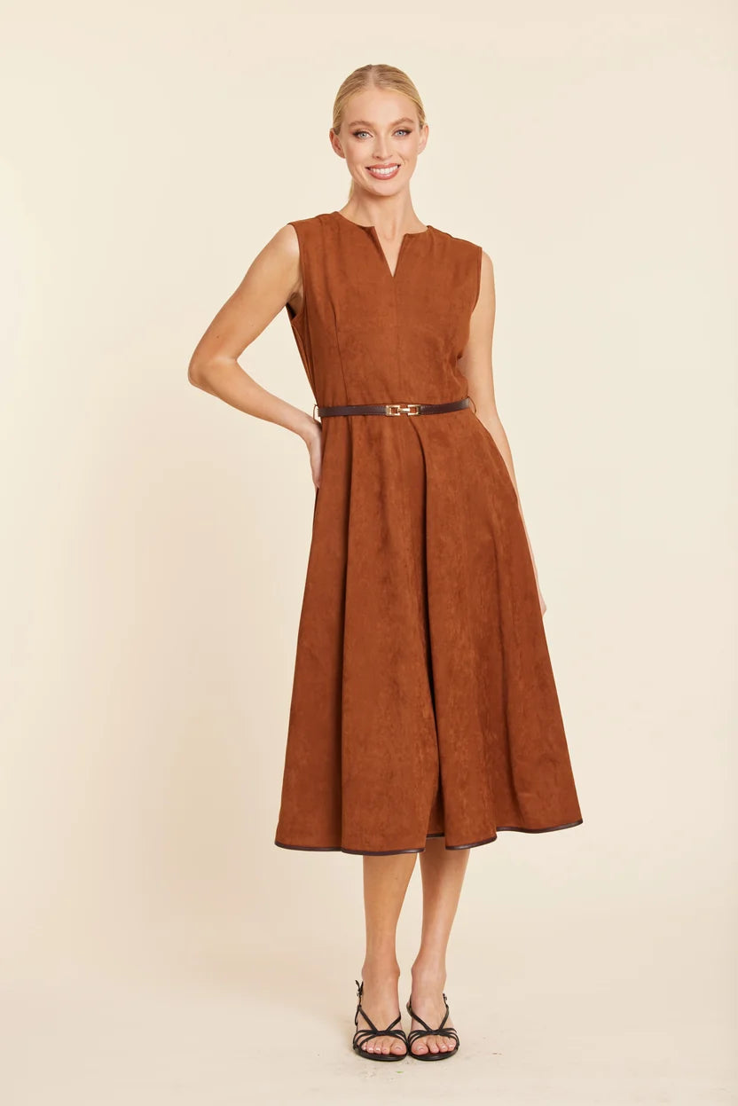 Sleeveless Vneck Belted Suede Maxi Dress