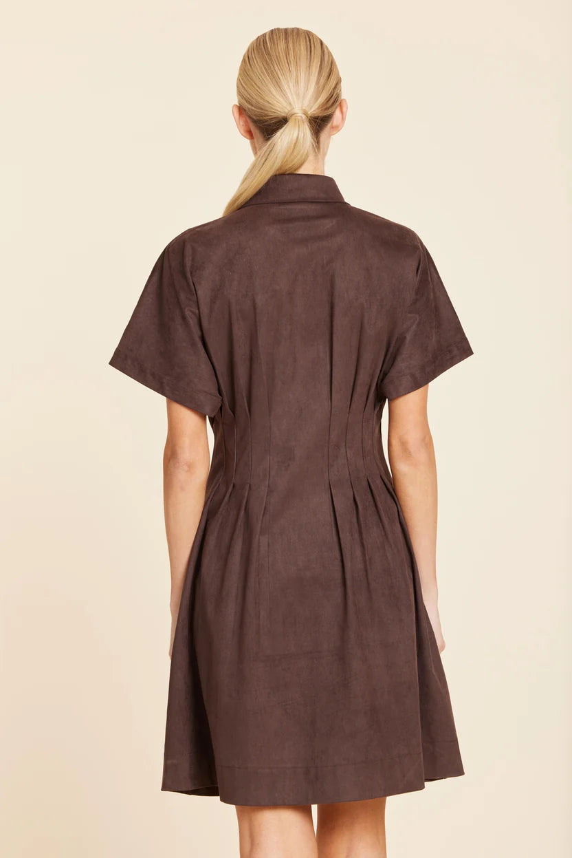 Pleated Waist Detail Collared Suede Dress