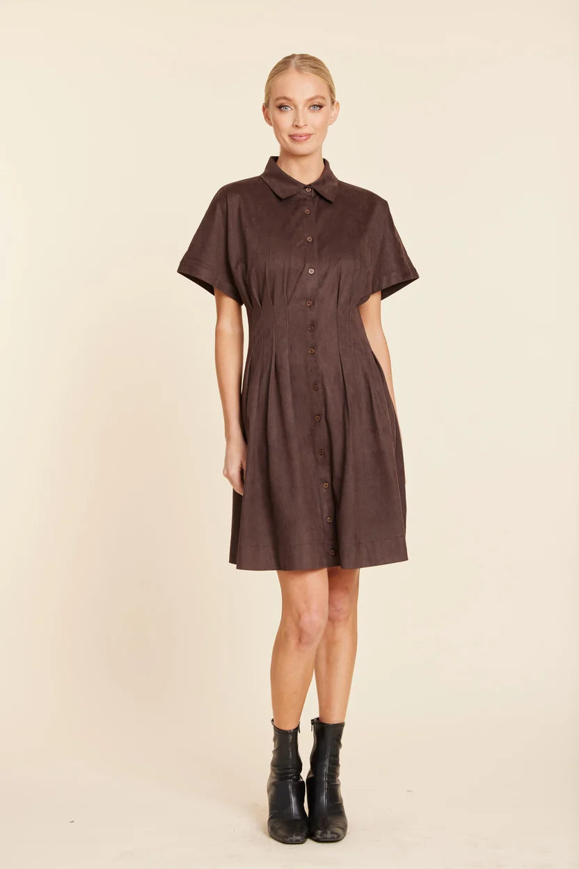 Pleated Waist Detail Collared Suede Dress