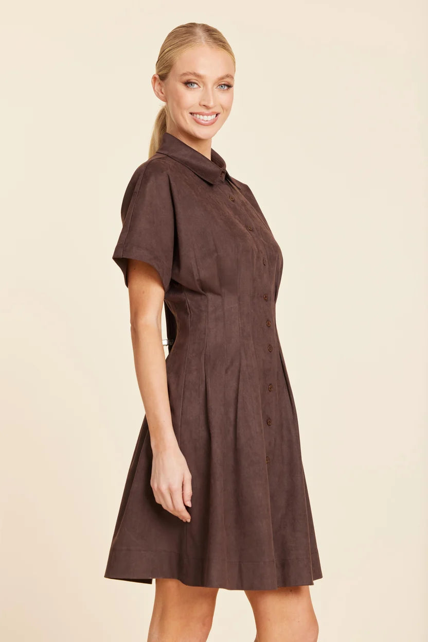 Pleated Waist Detail Collared Suede Dress