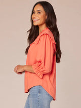 Lantern Sleeve Ruffle Edge Button Detail Shirt Coral