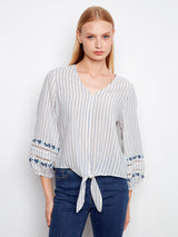 Yarn Dyed Stripe Tie Front Embroidered Blouse Lapis