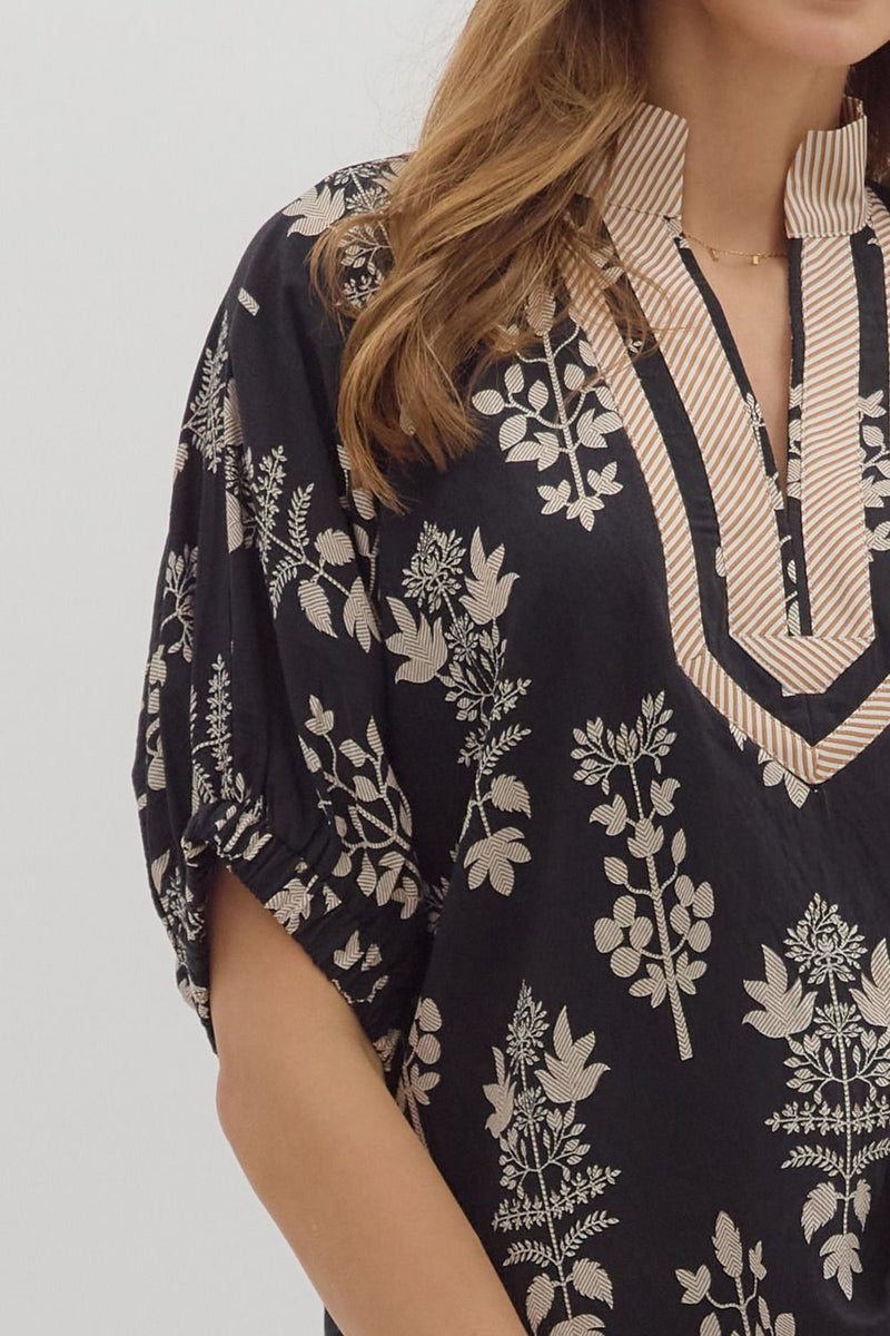 Abstract Botanical Contrast Accent Vneck Blouse Black