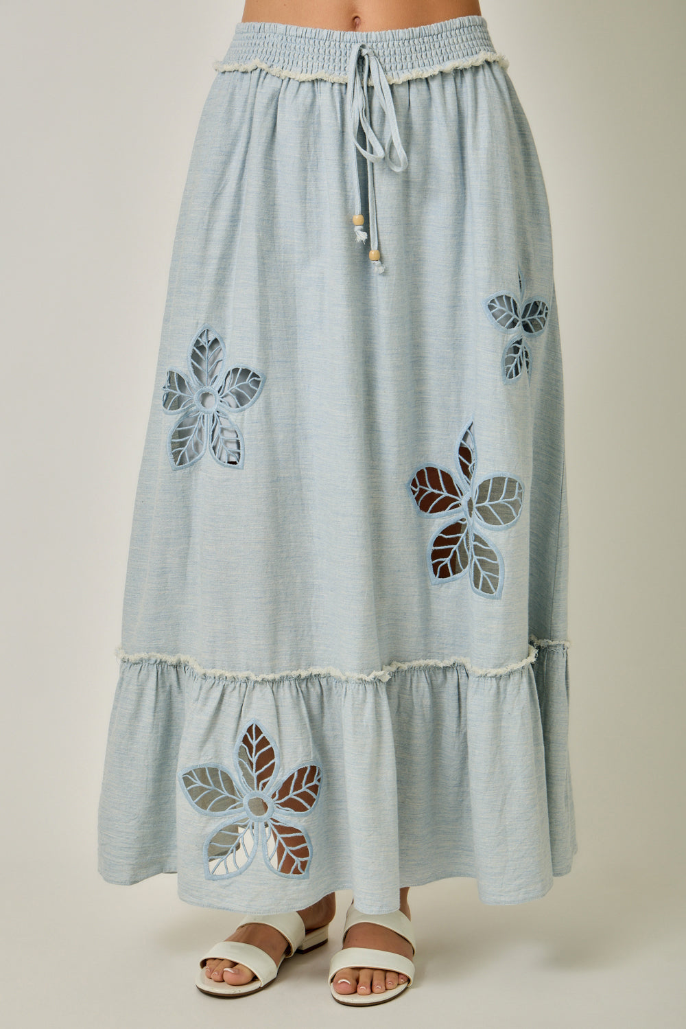 Floral Cutout Chambray Maxi Skirt Chambray