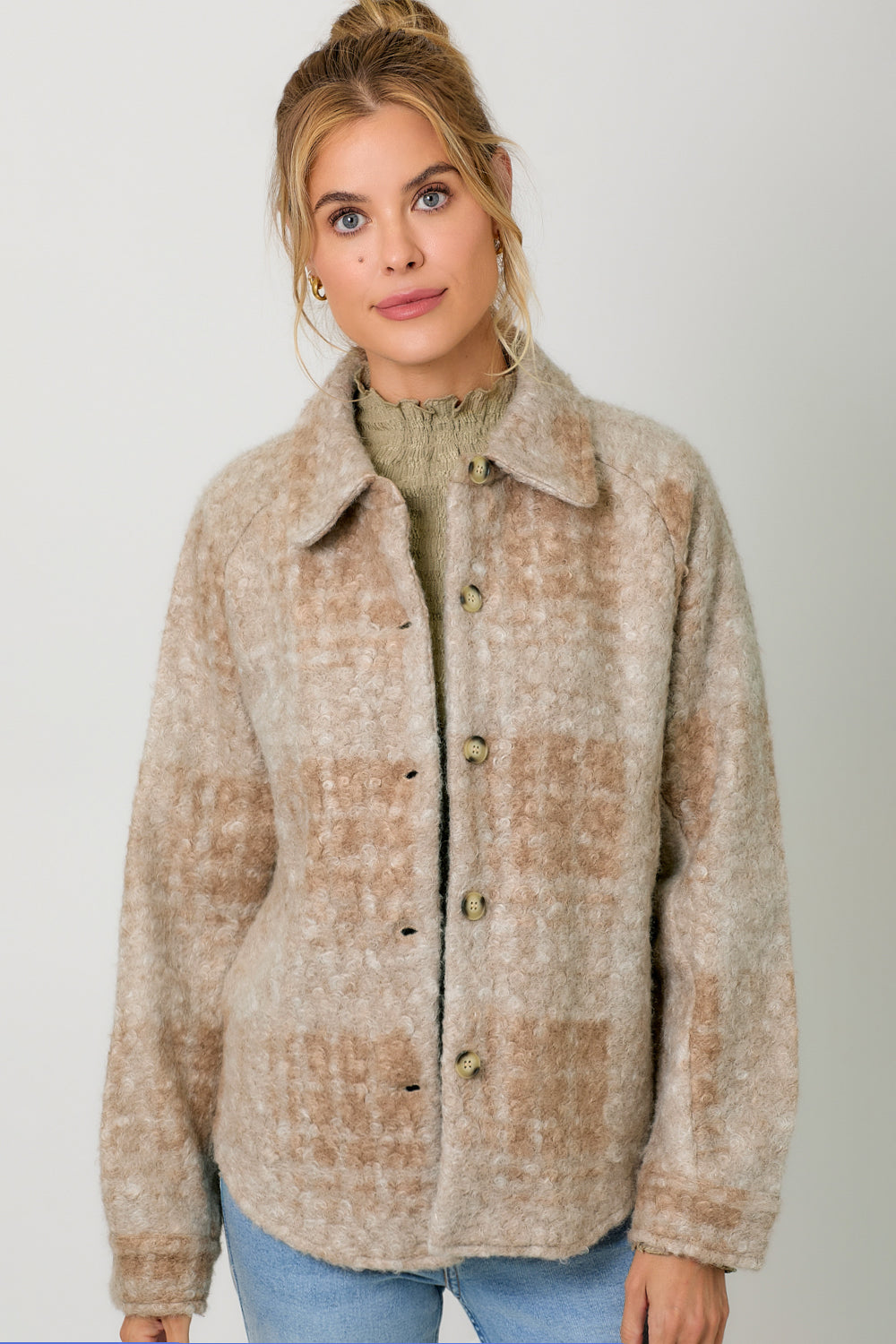 Plaid Boucle Button Down Shirt Jacket Milk Tea